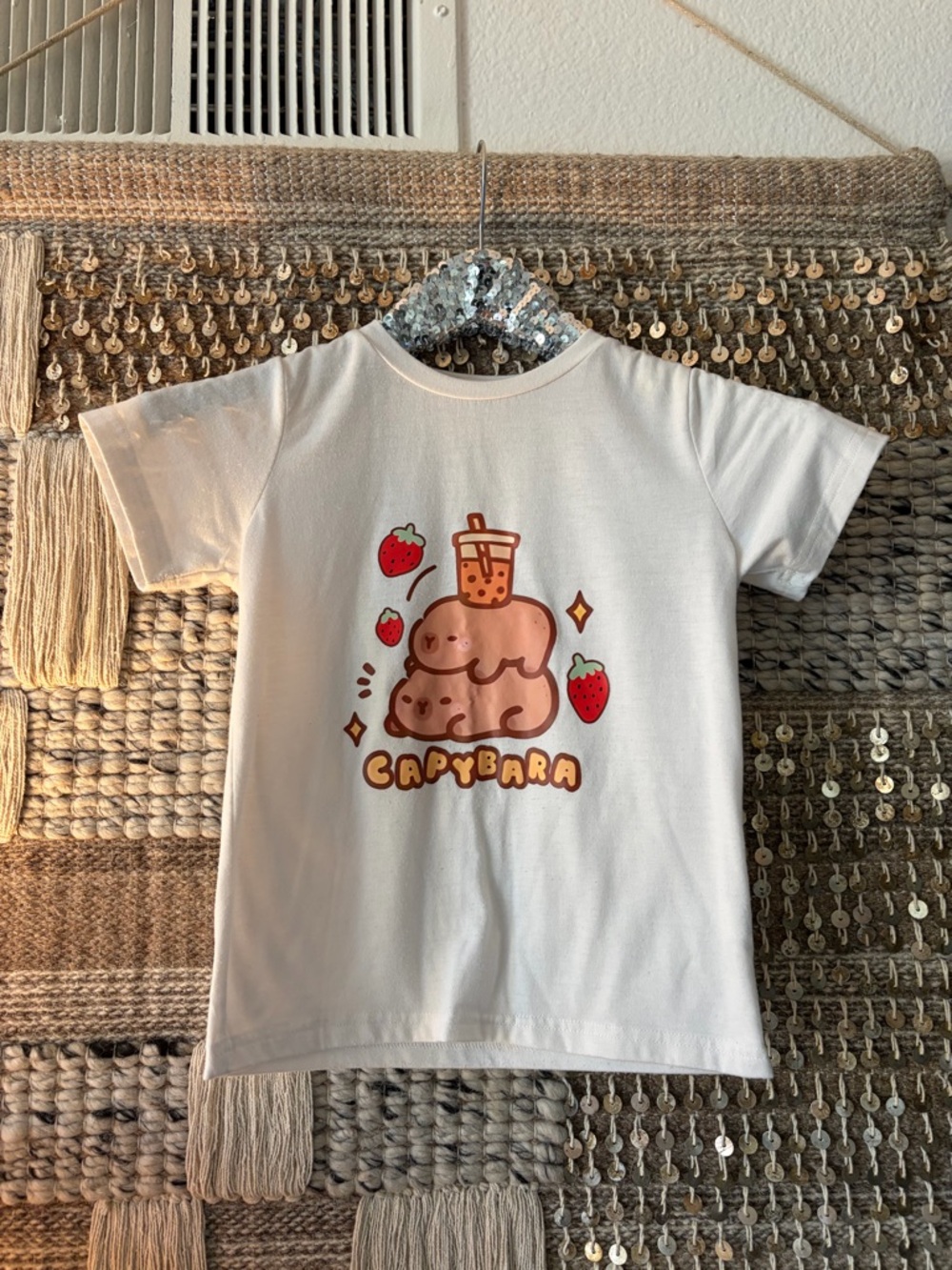 SHEIN White Kids Tee with Strawberry Capybara Bubble Tea Graphic sz 6